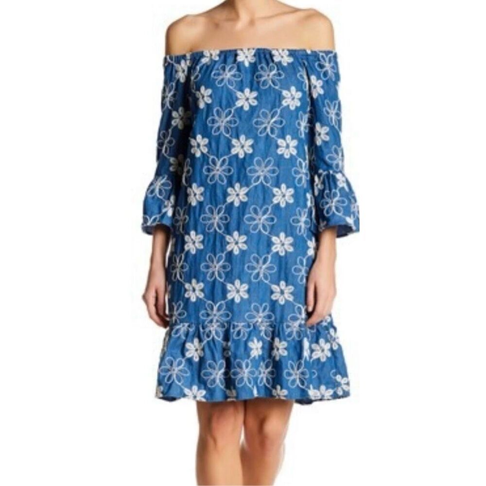 Label by Five Twelve Women’s Bell Sleeve Denim Chambray Embroidered Dress Sz 14